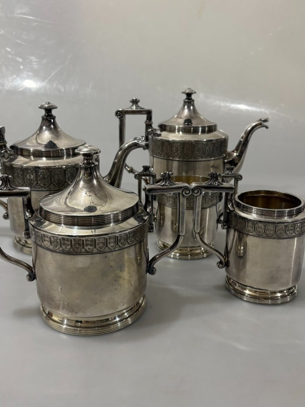 5 Piece Reed & Barton 2940 Art Deco Silver Plated Tea Coffee Set Hinged Lids